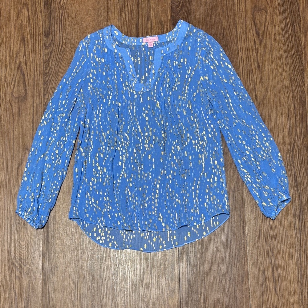 Lilly Pulitzer Blue Silk Gold Metallic Print Blouse Size S